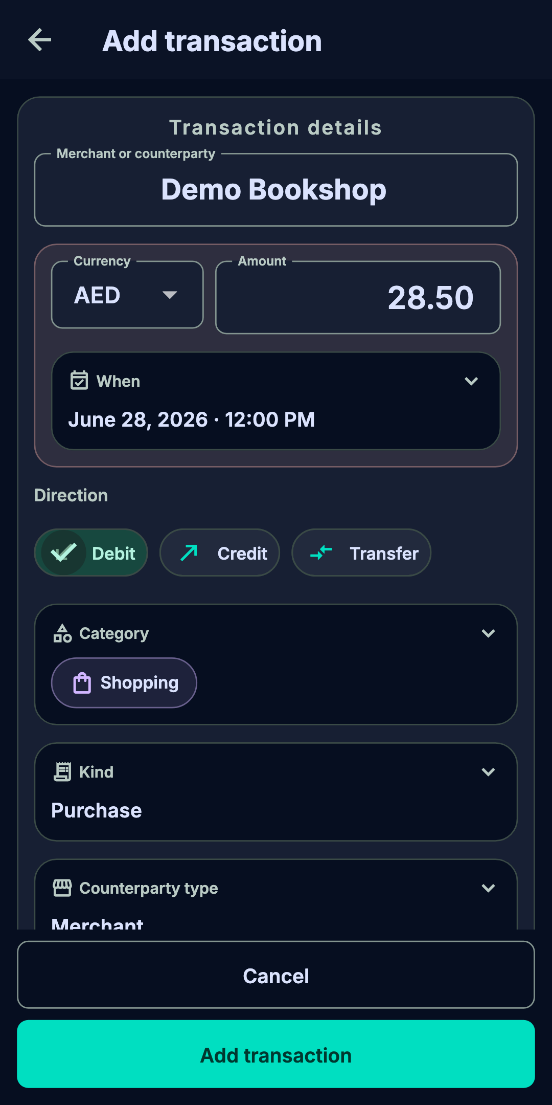 Actual Bayna Flutter Add transaction screen with fictional Demo Bookshop entry