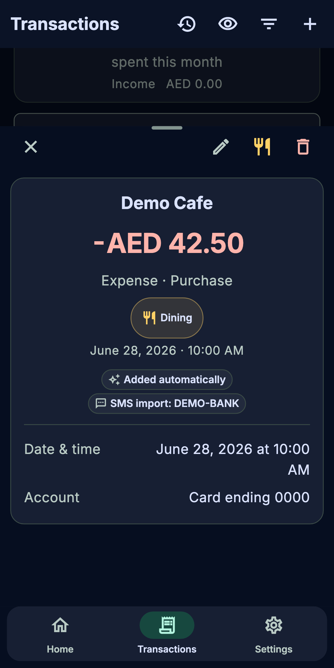 Actual Bayna Flutter transaction details sheet for a fictional Demo Cafe purchase from DEMO-BANK